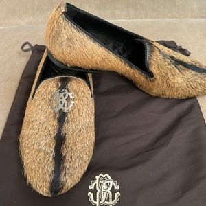 ROBERTO CAVALLI  MEN’S Goat Hair Loafers with RC Logo in Brown/Tan/black. NWT